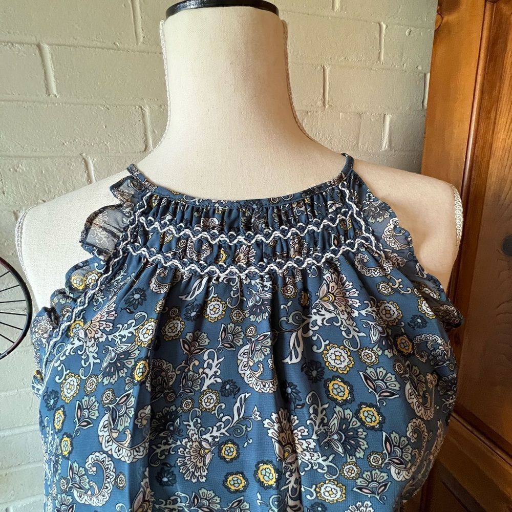 Max Studio maxi dress floral shirred waist ruffle flutter sleeves size L summer - Picture 4 of 12